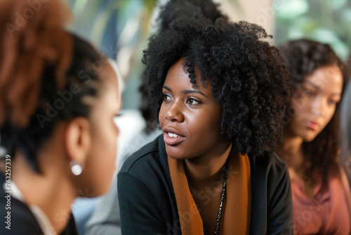 Group of African American women having a conversation in the office