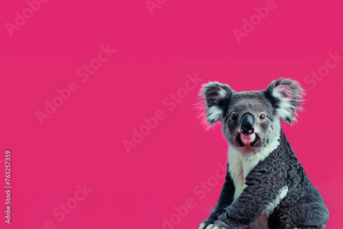 koala blanc et gris, bouche ouverte, gueule de face, corps de profil, sur un fond rose vif avec espace négatif copy space photo