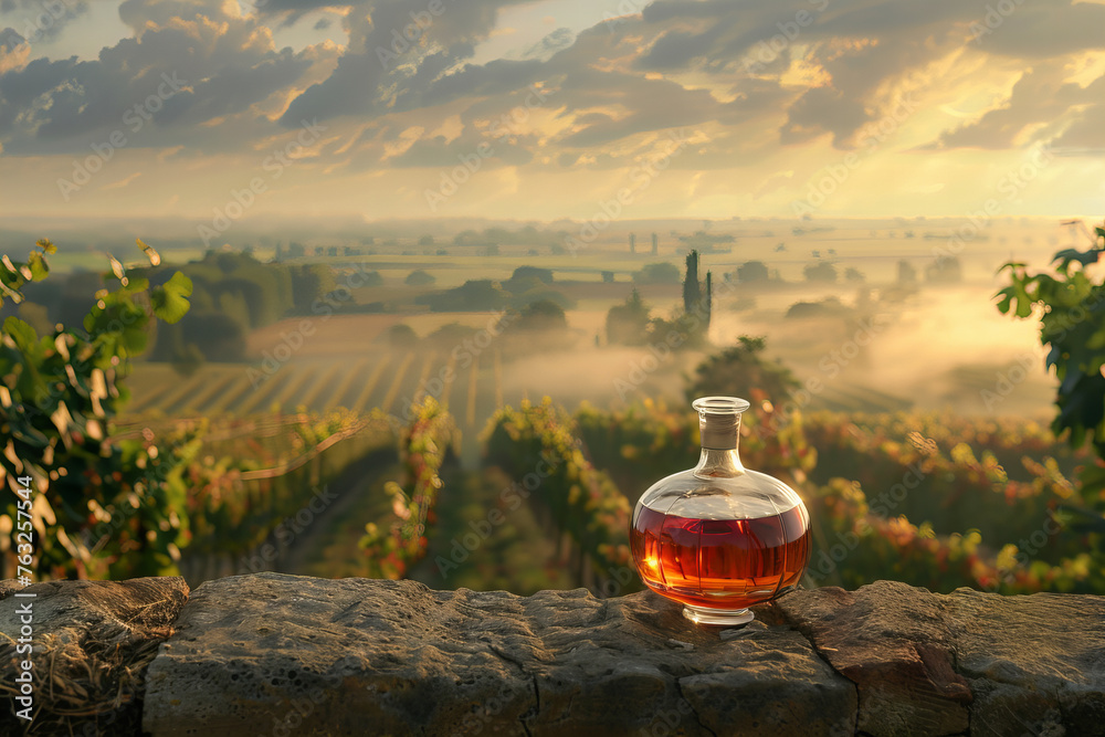 Golden Sunrise Over Misty Vineyards with Elegant Cognac Bottle Banner - obrazy, fototapety, plakaty 
