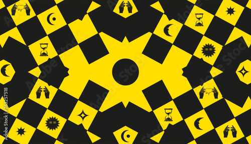 Modern Geometrical taxi background with celestial element. Design yellow Mystical backdrop with taxi checkers. Celestial wallpaper art. Vector illustration. Aesthetic EPS 10 Editable stroke