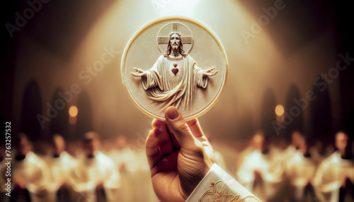Sacrament of Eucharist: Priest's Hand Elevating Consecrated Host with Sacred Heart of Jesus Image in Holy Communion and the Mystery of Transubstantiation.