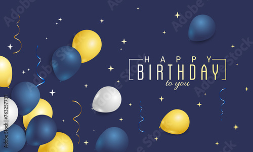 Fototapeta Naklejka Na Ścianę i Meble -  Happy Birthday congratulation card with blue, yellow and white balloons