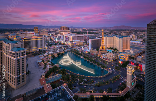 Las Vegas, USA - 22 June 2014: Aerial view of Las Vegas skyline at dusk, Las Vegas, Nevada, United States.