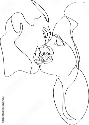 A continuous one line draws a young couple hugging and kissing behind a flower. Graphic illustration of one line drawing