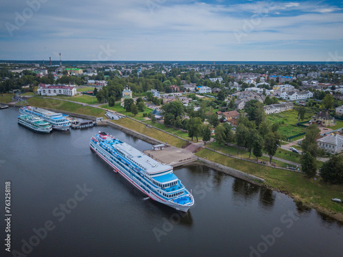 Aerial view of Uglich town and Volga river with passenger ferry, Yaroslavskaya oblast, Russia. photo