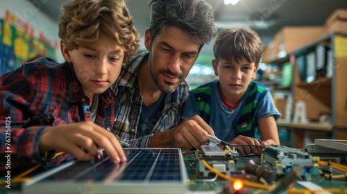 Science instructor engages with a group of curious young students in a modern classroom, assembling a sophisticated solar panel system. This educational experience exemplifies photo