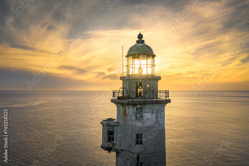 aerial view of Aniva lighthouse at sunset, Sakhalin Island, Russia.