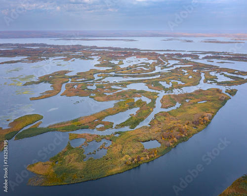 Aerial view of wetland delta on Volga River, Ternovskoe, Saratov, Russia. photo