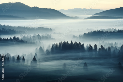 A serene landscape shrouded in a soft, ethereal fog, a blanket of mist envelops the terrain