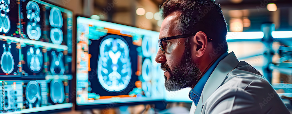 Medical doctor with beard looking at a digital panel with neurological diagnostic results
Medical doctor with beard looking at a digital panel with neurological diagnostic results