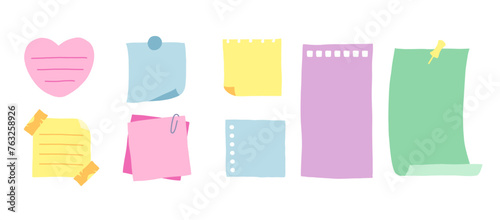 Paper notes, stickers, sticky sheets and tape set. To do list, memo messages with curled corner, notepads and torn paper with pin
