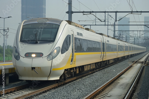 Modern Passengers Train Gliding on Tracks Amid Urban Landscape Banner