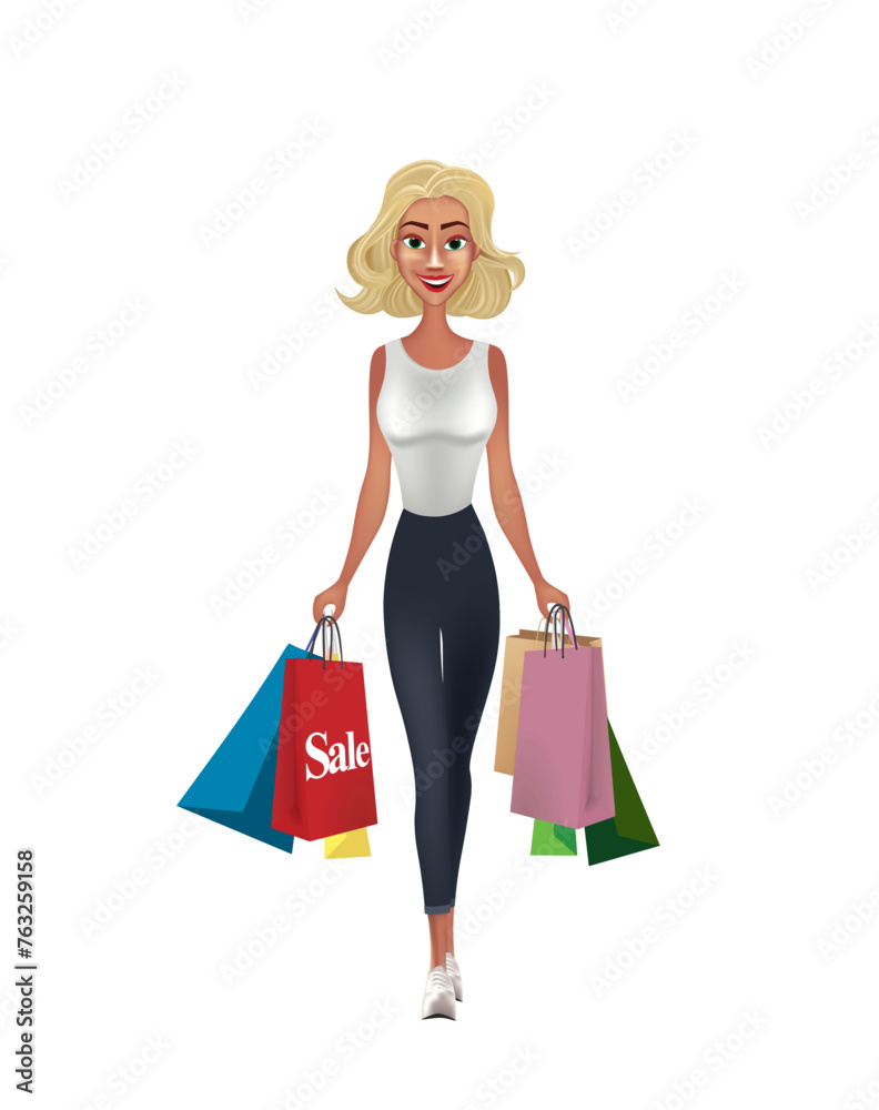 Cartoon woman holding shopping bags, vector