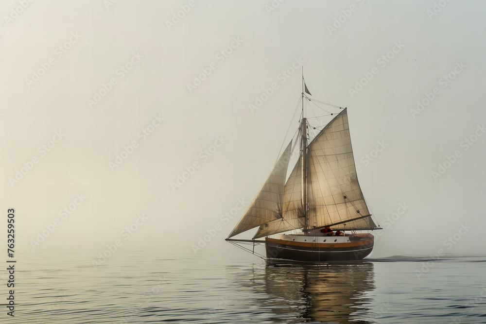 Elegant Sailboat Glides on Misty Water at Dawn Banner