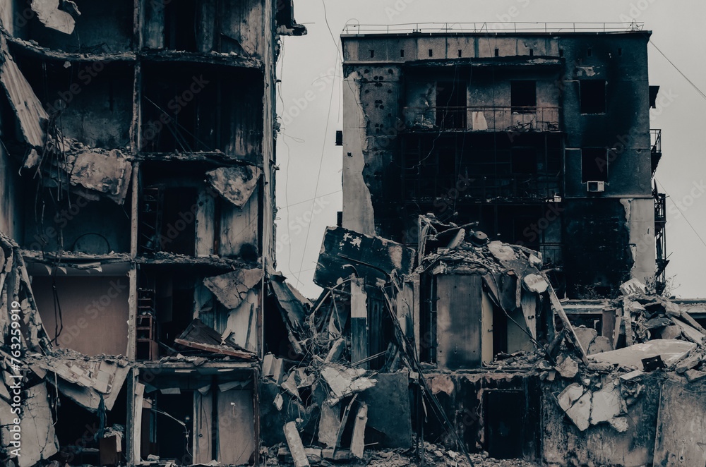 destroyed and burned houses in the city Russia Ukraine war