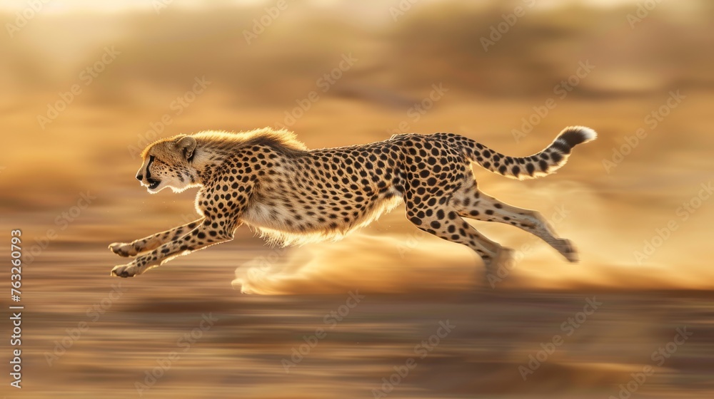 Cheetah in full sprint across the savannah, with a dynamic motion blur background and warm sunlight. Cheetah in full sprint across the savannah, with a dynamic motion blur background and warm sunlight.