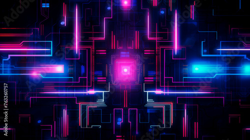 The image features a dark background illuminated by vibrant neon lights and dynamic lines creating a visually striking composition. The neon lights and lines interact. Banner. Copy space