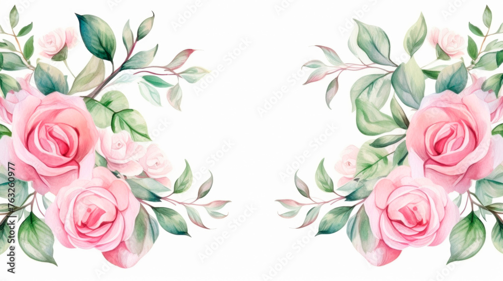 Two vibrant pink roses with lush green leaves are elegantly. The roses showcase delicate petals and intricate details, while the leaves provide. beauty of these classic flowers. Banner. Copy space