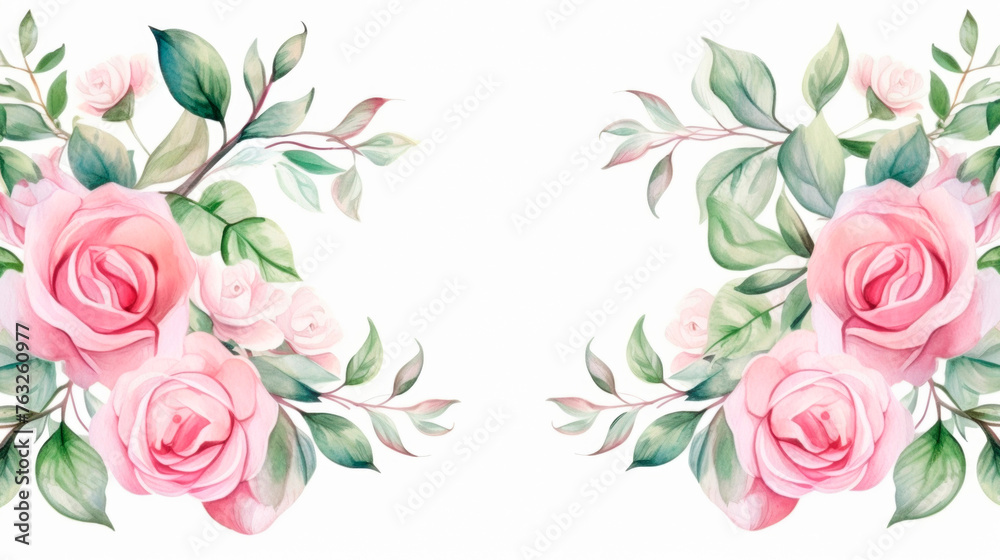 Two vibrant pink roses with lush green leaves are elegantly. The roses showcase delicate petals and intricate details, while the leaves provide. beauty of these classic flowers. Banner. Copy space Two vibrant pink roses with lush green leaves are elegantly. The roses showcase delicate petals and intricate details, while the leaves provide. beauty of these classic flowers. Banner. Copy space