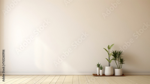A white wall with a few potted plants on a wooden shelf. The room is empty and has a minimalist feel