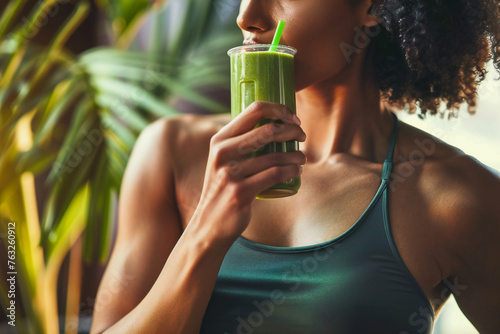 Healthy athletic feman drinking green smoothie photo