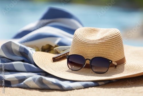 Straw hat  sunglasses and blue towel on the beach
