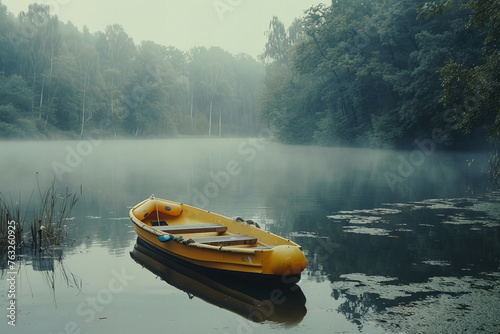 Serene Morning Lake View with Mist and Yellow Boat Banner