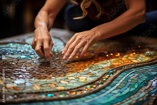 Woman working on mosaic table