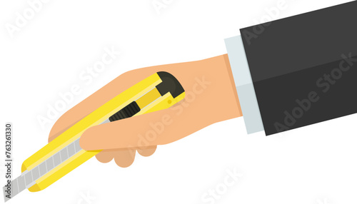A hand holds a yellow cutter on a white background in flat design style