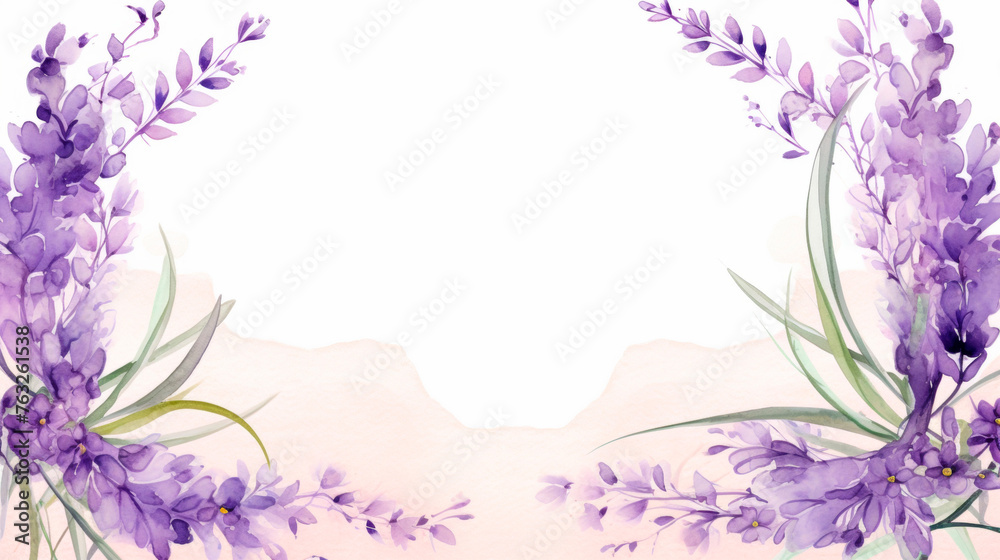 This watercolor painting features delicate purple flowers against a simple white background. The flowers are detailed and vibrant, creating a striking contrast against blank canvas. Banner. Copy space