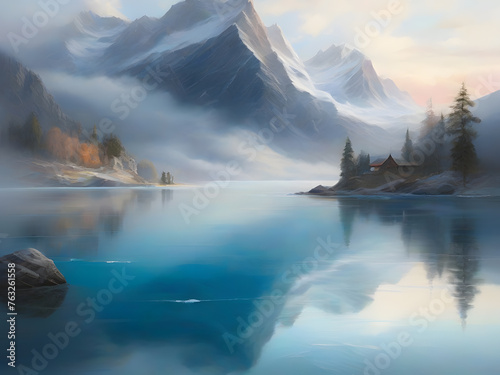 Landscape with fog lake and mountains