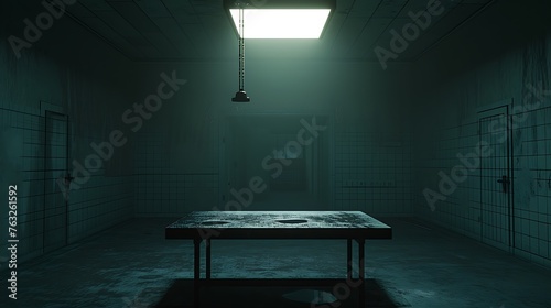 an AI-generated image capturing the essence of an interrogation room, emphasizing the solitary table beneath a single, harsh overhead light that creates a sense of anticipation and unease photo
