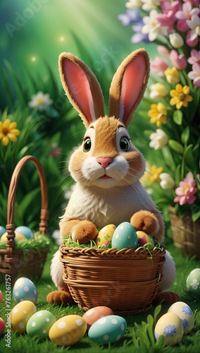 Easter bunny in a basket with colored eggs.