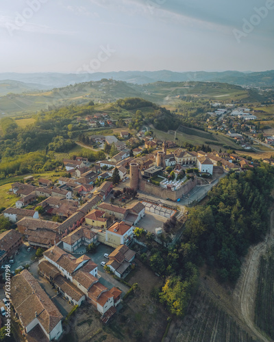 Aerial view of beautiful Asti countryside, Moasca village and historical buildings, Piedmont, Italy.