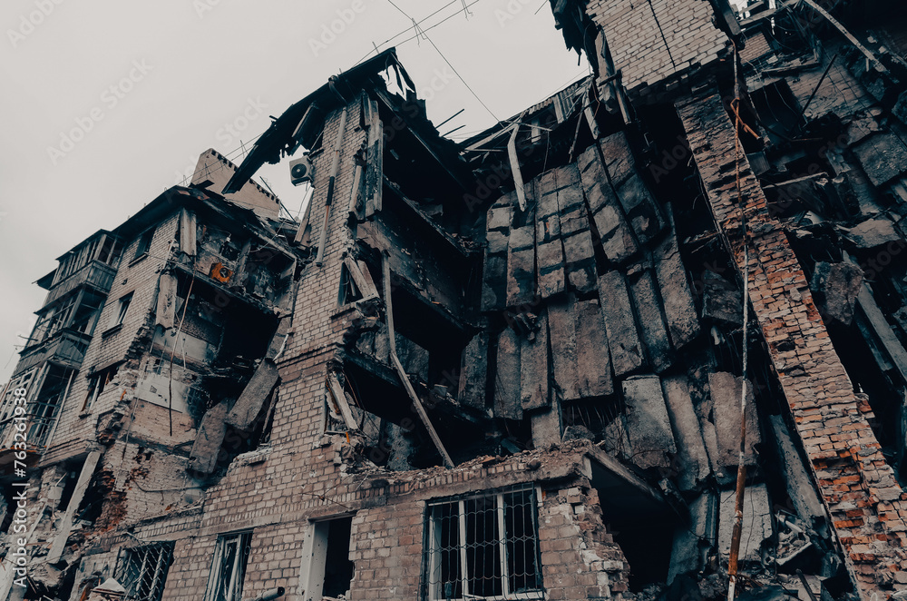 destroyed and burned houses in the city Russia Ukraine war