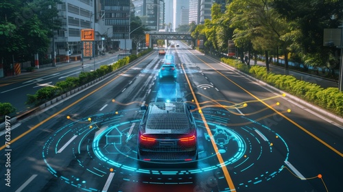 The picture below shows a smart car with a heads-up display (HUD) and an autonomous self-driving mode vehicle on a metro city road.