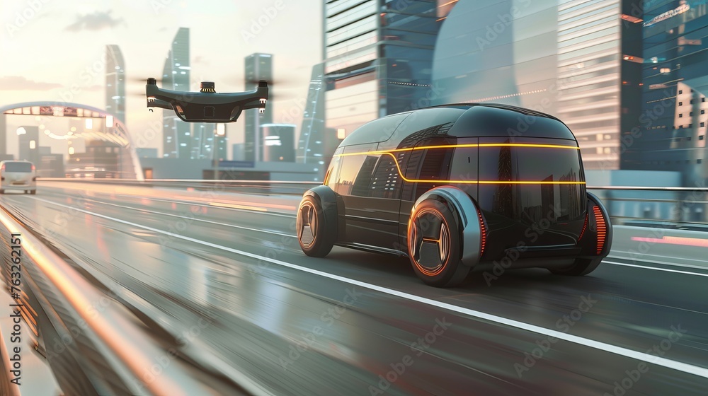 Aerial drone follows a futuristic 3D concept car across a city highway. AI sensors scan for speed limits, cars, and pedestrians ahead. The camera moves backwards. - obrazy, fototapety, plakaty 