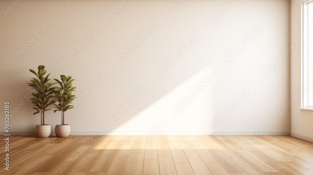 A large empty room with a white wall and two potted plants. The plants are placed on either side of the room, with one on the left and the other on the right. The room has a minimalist and clean look A large empty room with a white wall and two potted plants. The plants are placed on either side of the room, with one on the left and the other on the right. The room has a minimalist and clean look