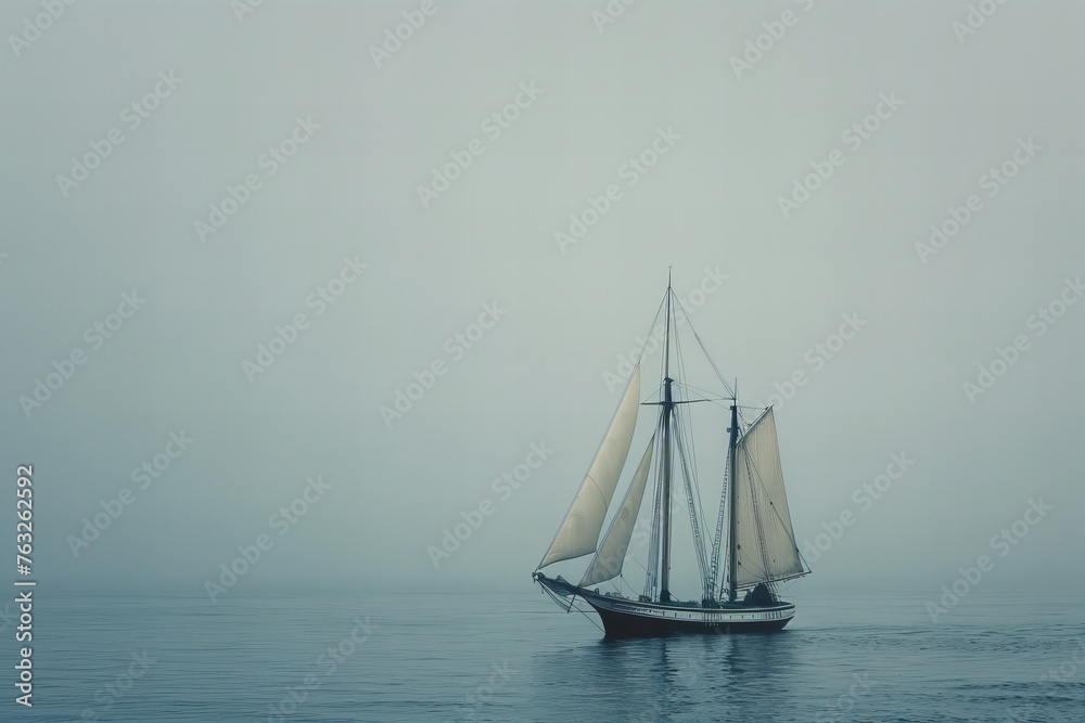 Majestic Sailboat Glides Through Misty Waters Loneliness - Banner of Silent Seas