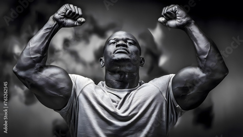 Excited African American man raising fists photo