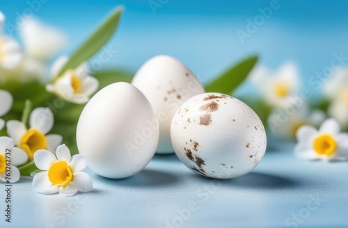 White eggs on a light blue background. white flowers  Easter background  banner.
