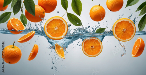 illustration of splashes of water mixed with citrus fruit and leaves, for food and beverage products