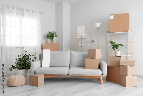 Cardboard boxes and furniture prepared for house moving in light living room © Pixel-Shot