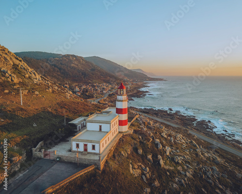 Aerial view of Faro de Cabo Silleiro and coastal lighthouse at dawn, A Guarda and Baiona, Galicia, Rias Baixas, Spain. photo