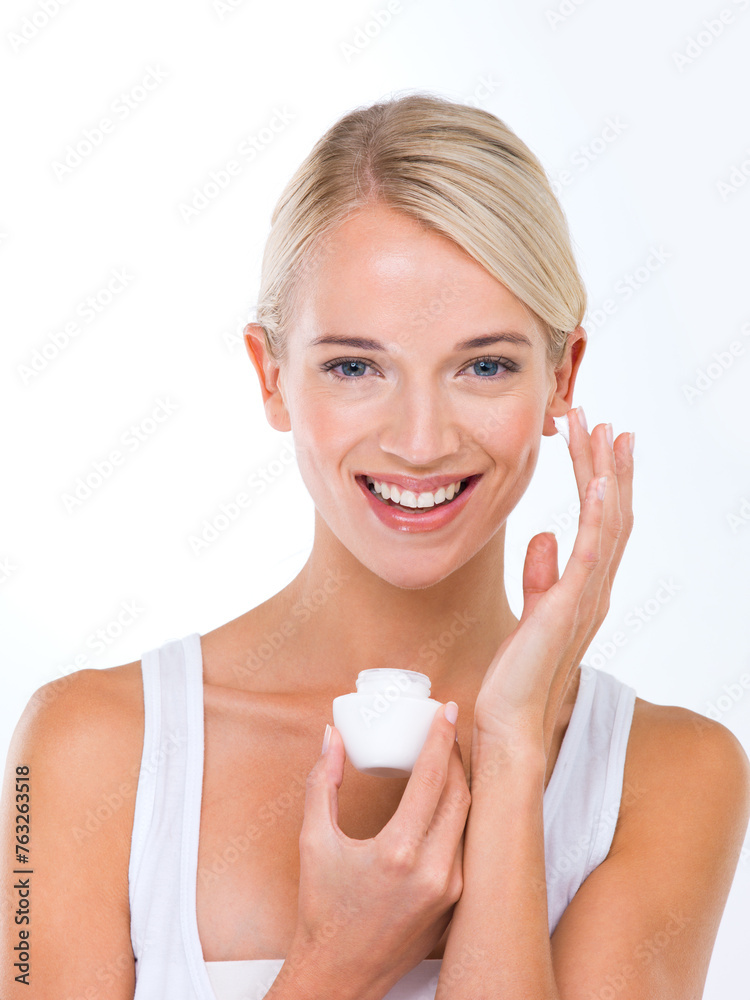 Woman, portrait and skincare cream in studio or moisturizer wellness with dermatology, product or white background. Female person, lotion and facial sunscreen or self care protection, smile or mockup Woman, portrait and skincare cream in studio or moisturizer wellness with dermatology, product or white background. Female person, lotion and facial sunscreen or self care protection, smile or mockup