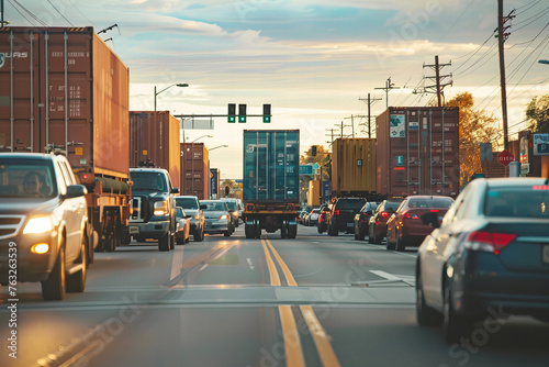 Dusk Commute: Busy Traffic and Freight Trucks вЂ“ Urban Sunset Road Banner