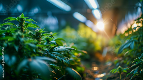 Cannabis plants in a greenhouse with sunlight flaring.
