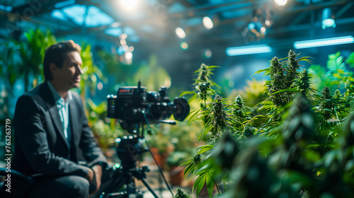 Reporter in greenhouse filming segment on cannabis. Weed News concept. photo