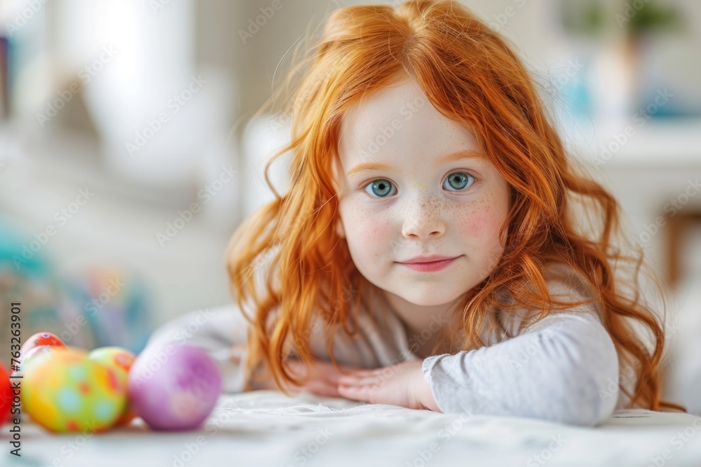Cute red hair girl, kid with big green eyes, 4 years old, seat at table with colorful Easter eggs. Preschool Child spending time in kindergarten, preparing for spring Holiday at home. Happy Childhood.