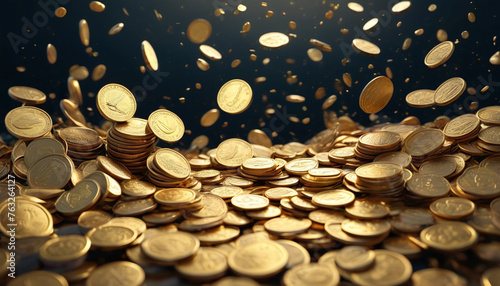 Falling golden coins. Symbol of wealth. Generative AI.